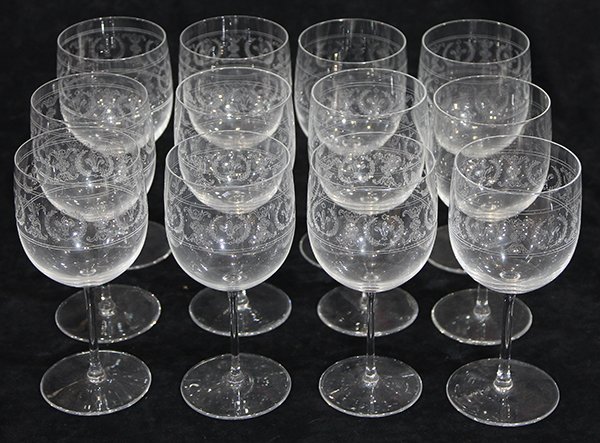(lot of 12) Val St. Lambert white wine glasses: (lot of 12) Val St. Lambert white wine glasses, each having an etched bowl, underside with etched mark, 6.5"h