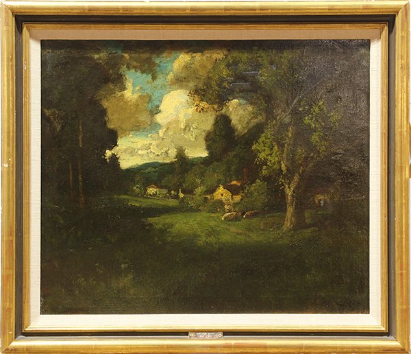 William Keith, painting: William Keith (American, 1838-1911), Clearing with Sheep Grazing, oil on canvas, signed lower right, canvas: 25.25"h x 30.5"w, overall (with frame): 31.25"h x 36.25"w