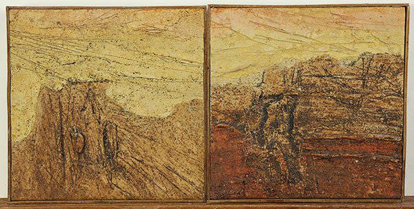 Louis Siegriest, paintings: (lot of 2) Louis Siegriest (American, 1899-1989), "Utah Cliffs" & "Golden Landscape," 1967, oil and sand on panel, each signed, dated and titled verso, boards: 8.75"h x 8.75"w, overalls (with frames):