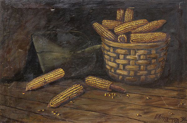 Alfred Montgomery, painting: Alfred Montgomery (American, 1857-1922), Still Life with Corn, oil on canvas, signed lower right, canvas (unframed): 28.5"h x 42.25"w
