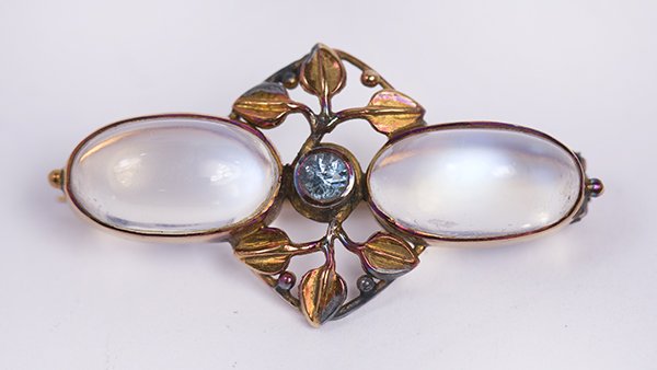 Arts and Crafts moonstone, blue zircon and 14k yellow (1 of 3)