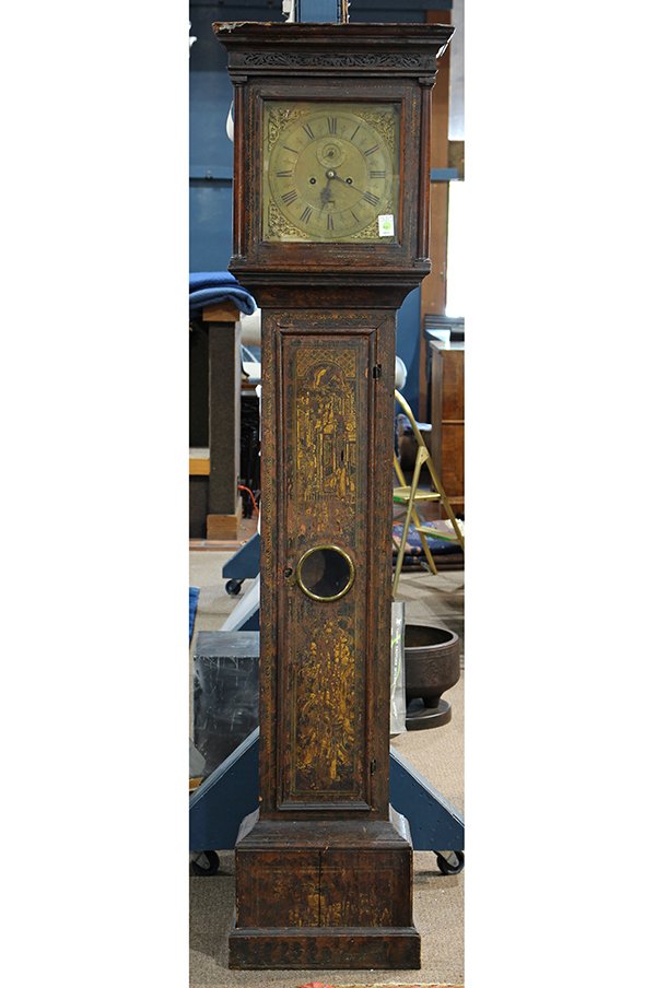 English Japanned tall case clock, mid-18th century (1 of 7)