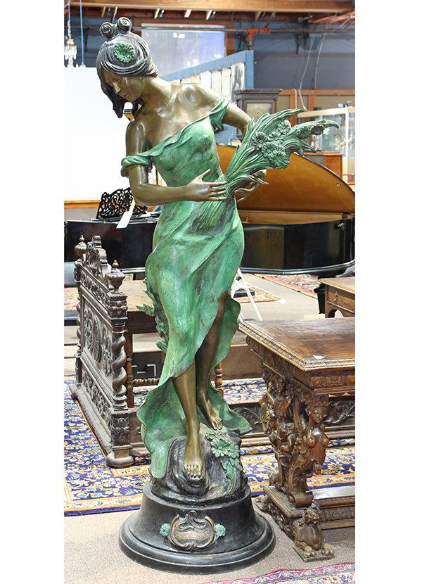 Patinated bronze figural sculpture, the life size form: Patinated bronze figural sculpture, the life size form depicting a beauty, her shoulders exposed, gazing downward, signed Mario Nardini on base, 78"h x 26"w