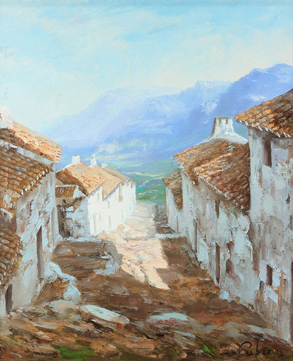 Village Street Scene with Distant Mountains, painting (1 of 3)