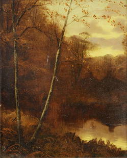 Yarnall Abbott, painting: Yarnall Abbott (American, 1870-1938), Pennsylvania Autumn, 1896, oil on board, signed and dated verso, overall (with frame): 17.5"h x 15.5"w
