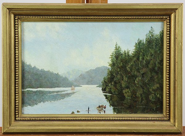 Painting, View on Mount Wascom Lake, Washington: American Folk Art School (19th century), "View on Mount Wascom Lake, Norfolk VA," oil on canvas, initialed "S. M. E." lower right, titled verso, overall (with frame): 10.75"h x 14.5"w