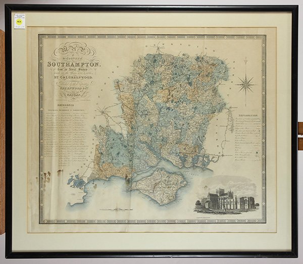 Antique Map, County of Southampton, Greenwood & Co.: Greenwood & Co. (British, 19th century), "Map of the county of Southampton from an Actual Survey, made in the years 1825 & 1826," hand-colored copper-engraved map, engraved by J. and J. Neele, publish