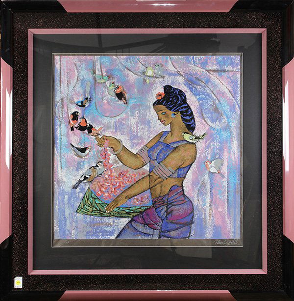 Zhou Ling, Print: Zhou Ling (Chinese, b. 1941), "Spring," serigraph on rice paper, pencil signed lower right, edition LV/C, overall (with frame): 49.5"h x 48.5"w