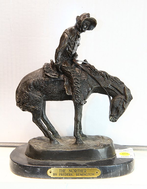 After Frederic Remington, sculpture: After Frederic Sackrider Remington (American, 1861-1909), "The Norther," bronze sculpture, bears signature lower right, overall (with marble base): 10.75"h x 8.5"w x 5"d
