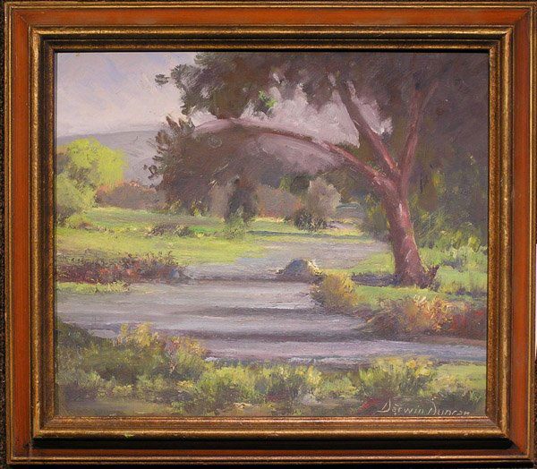 Oil, Darwin Duncan, Californian: Framed oil on Masonite, Tree by a Stream, by Darwin Duncan (Californian 1905-2002), signed lower right, sight: 12''H x 14''W