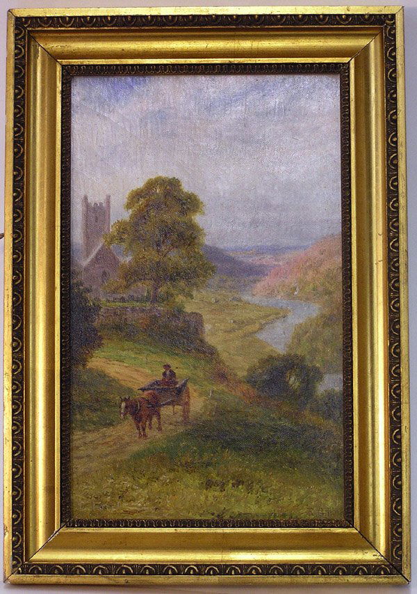 Oil, Robert Gallon, British: Framed oil on canvas, Calstock Church, by Robert Gallon (British 1845-1925), signed lower right, sight: 11''H x 7''W