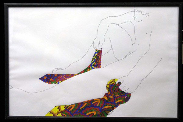 Pen & ink, Weyman Lew: Framed pen and ink drawing, All Tied Up (1970), by Weyman Lew (American 20th century), signed and dated lower right, overall 24''h x 36w