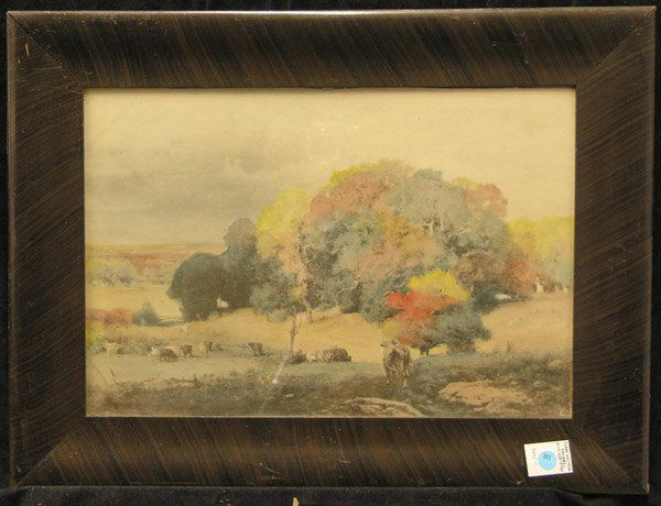 Photogravure, Landscape, George Inness: Framed hand tinted photogravure, Landscape, after George Inness, printed in 1907 by Curtis & Cameron, oveall: 19.25'' x 25.5'', sigend water staining lower left