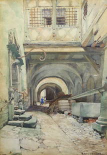 Ellsworth Woodward, watercolor: Ellsworth Woodward (American, 1861-1939), European Street Alley with Figure, watercolor, signed lower right, sight: 20.75"h x 14.5"w, overall (with frame): 26.5"h x 20.25"w