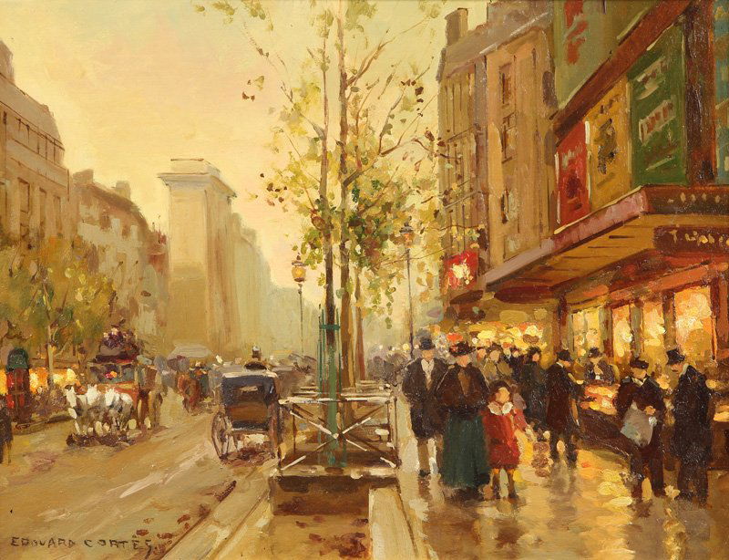 Follower of Edouard Cortes, painting: Follower of Edouard Leon Cortes (French, 1882-1969), "Porte Saint Martin," oil on canvas, bears signature lower left, sight: 13"h x 18"w, overall (with frame): 17"h x 22"w
