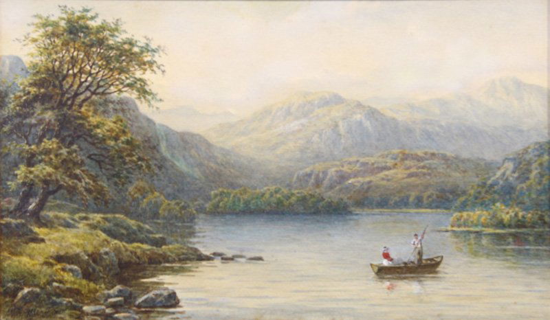 Lev Felixovich Lagorio, watercolor: Lev Felixovich Lagorio (Russian, 1827-1905), Mountain Lake Scene with Figures in a Boat, watercolor on paper, signed lower left, sight: 9.75"h x 16.75"w, overall (with frame): 19.25"h x 25.5"w