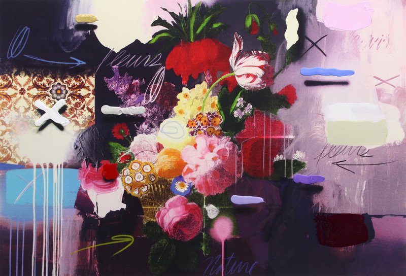 Print, Will Cotton: Will Cotton (American, b. 1965), "Fleurs," lithograph in colors with hand painting (mixed media) on paper, pencil signed lower right, titled lower center, edition 96/150, image: 19.5"h x 29"w, overall