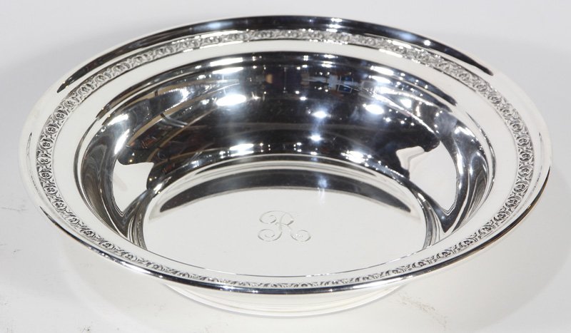 American Dominick & Haff sterling silver bowl, 10.70: American Dominick & Haff sterling silver bowl, the flaring rim with a rosette pattern border, and the interior centered with a script R monogram, 2"h x 10"w, 10.70