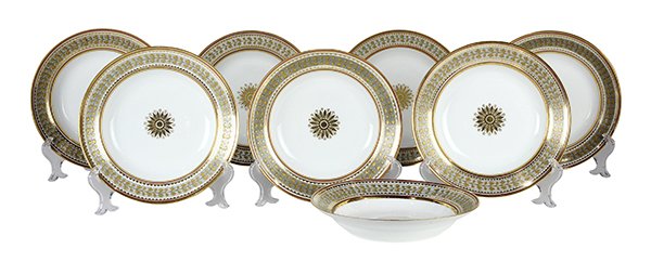 (Lot of 8) Russian porcelain soup bowls, from the: (Lot of 8) Russian porcelain soup bowls, from the Babigon service, Imperial Porcelain Factory, St. Petersburg, period of Nicholas II reign (1894-1917), each decorated with a gilt central rosette, the 