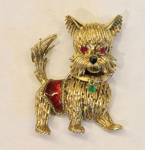 Gemstone, enamel and 18k yellow gold dog brooch (1 of 3)
