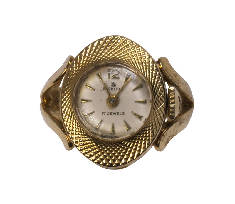 Bucherer 18k yellow gold ring watch: Bucherer 18k yellow gold ring watch Dial: white, applied baton and 12 O'clock chapters, spear hands, signed Bucherer. Movement: 17 jewels, Swiss manual wind. Case: serial # 5224, 18k yellow gold oval