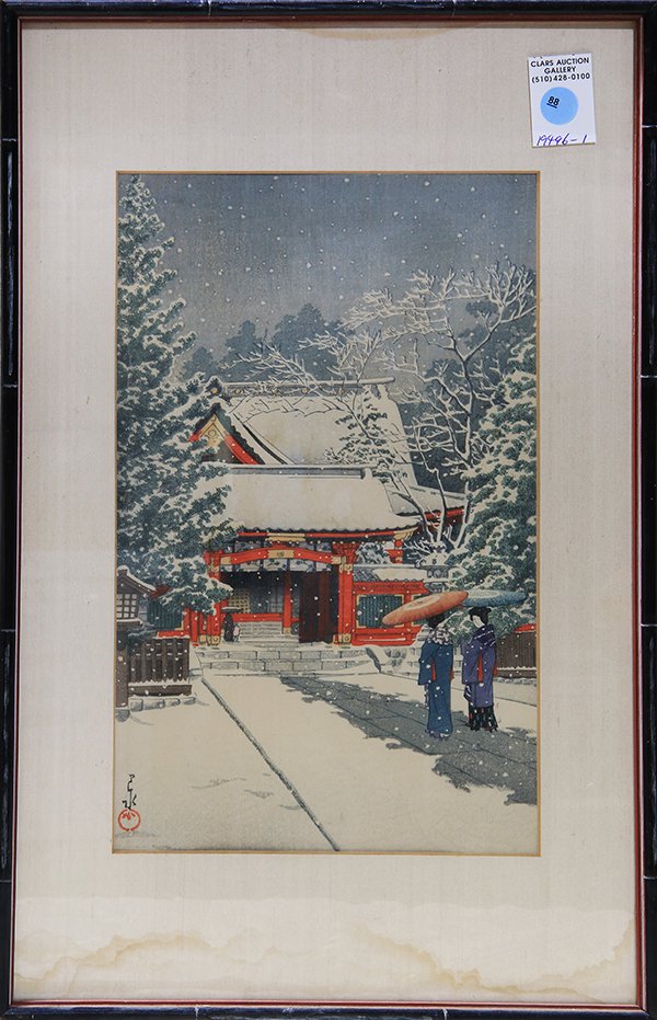 Japanese Woodblock, Kawase Hasui, Hie Shrine: Kawase Hasui (Japanese, 1883-1957), 'Snow at Hie Shrine', woodblock print, lower left with signature and seal, left margin with the title in Japanese and dated Showa 6 (=1931), sight: , 13.5"h x 8.5"w