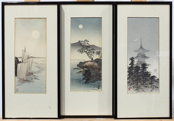 Japanese Woodblock Prints, Night Series: (lot of 4) Japanese woodblock prints: Shoda Koho (1871–1946), 'Sailing Boat' and 'Pagoda'; Yoshimoto Gesso (1881-1936), 'Lakeside House', all three from the 'Night Series'; together with one depicti