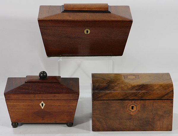 (lot of 3) English mahogany tea caddy group, two having (1 of 2)