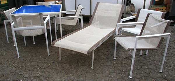 (lot of 8) Richard Schultz for Knoll International, New: (lot of 8) Richard Schultz for Knoll International, New York, "Leisure collection" patio set, circa 1966, each in cast aluminum, consisting of (6) lounge chairs, 26.5"h, a chaise lounge, 76"l, and a d