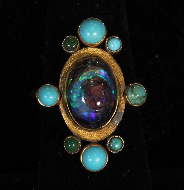 Boulder opal, turquoise and 14k yellow gold ring (1 of 3)