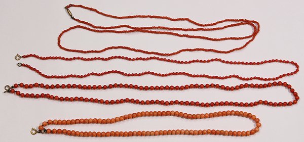 (Lot of 4) Coral bead, 10k yellow gold, gold-filled and (1 of 2)