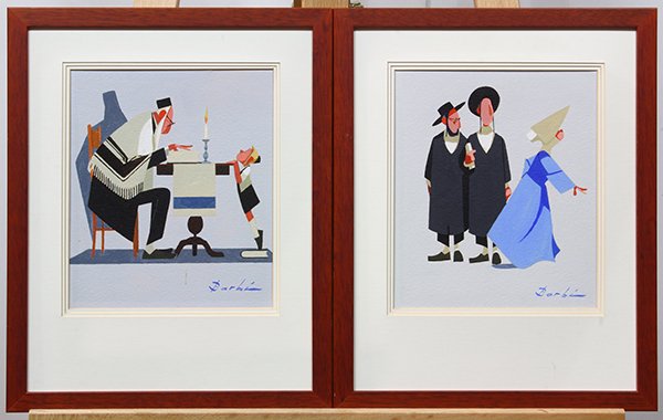 Paintings, Barbie: (lot of 2) Barbie (French, b. 1920), Orthodox Jews, oils on board, each signed lower right, each overall (with frame): 15"h x 13"w