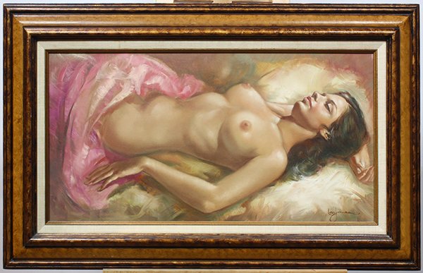 Painting, Leo Jansen: Leo Jansen (American, 1930-1980), Reclining Nude, oil on canvas, signed lower right, signed verso, overall (with frame): 23"h x 38"w
