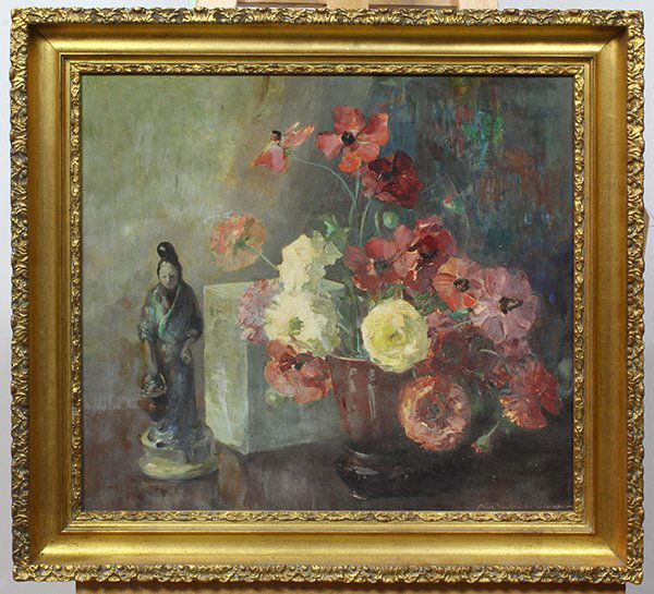 Nell Walker Warner, Painting: Nell Walker Warner (American, 1891-1970), Floral Still Life with Figurine, oil on board, signed lower right, overall (with frame): 23"h x 25"w