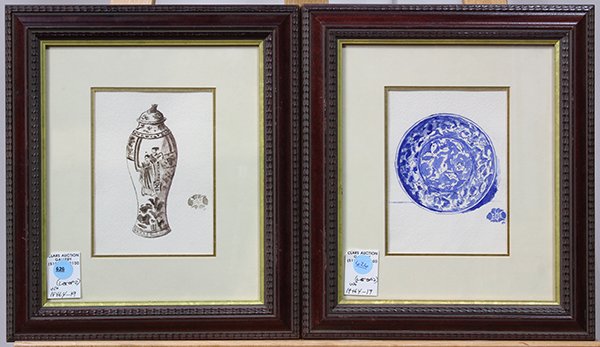 Manner of Whistler, watercolors: (lot of 2) Manner of James Abbott McNeill Whistler (American, 1834-1903), Still Lifes with Chinese Ceramic, watercolors, each bears monogram, overalls (each with frames): 13.25"h x11.25"w
