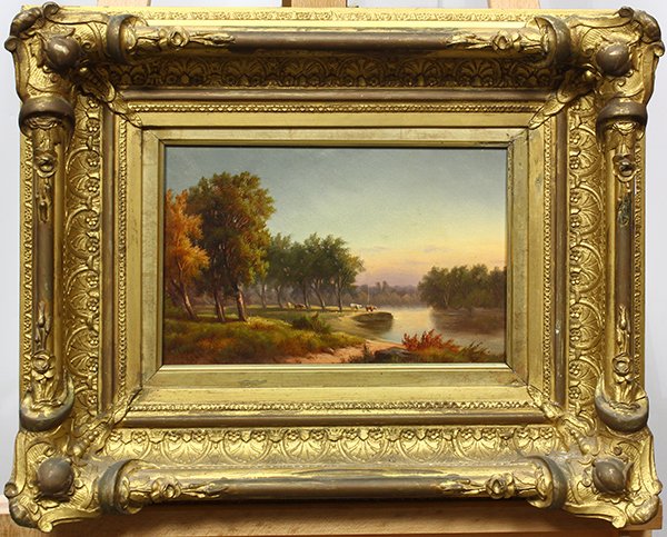 Sunset with Cattle by a River, painting: Sunset with Cattle by a River, oil on canvas, unsigned, 20th century, overall (with frame): 16"h x 20"w. Condition note: Small vertical tear in center of canvas