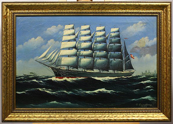 Ship 'Robenhavn' Under Sail, 1929, painting: Ship 'Robenhavn' Under Sail, 1929, oil on canvas, signed "C. Sandberg" and dated lower right, overall (with frame): 25.5"h x 35.5"w