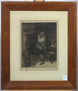 Print, After Paul Adolphe Rajon: After Paul Adolphe Rajon (French, 1843-1888), Packing his Pipe, engraving on tissue paper, plate signed lower right, engraved by Jean Lorraine, overall (framed): 29.5"h x 25.5"w