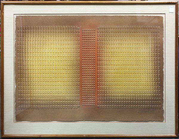 Paul Maxwell, print: Paul Maxwell (American, b. 1925), Fall in Line, hand-cast print on paper, pencil signed lower right, edition 48/100, overall (with frame): 39"h x 49.5"w