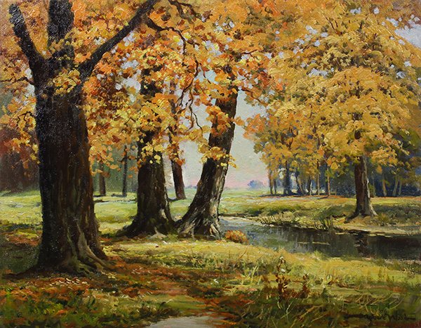 Robert William Wood, Painting: Robert William Wood, (American, 1889-1979), "An October Morning," oil on canvas, signed lower right, stamped and titled verso, canvas (unframed): 16"h x 20"w