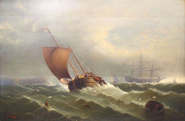 Painting, Edward Moran: Edward Moran (American, 1829-1901), ''A Shipwreck,'' 1860, oil on canvas, signed and dated lower left, gallery label (Berry-Hill Galleries Inc., New York, NY) affixed verso, museum label (Pensacola Mu