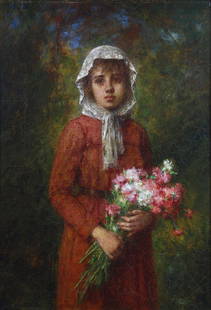 Painting, Alexej Alexejewitsch Harlamoff: Alexej Alexejewitsch Harlamoff (Russian/French, 1842-1925), Girl in a Field Holding Flowers, oil on canvas, signed lower left, canvas: 22"h x 15"w, overall (with frame): 27"h x 20.25"