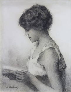 Drawing, Alexej Alexejewitsch Harlamoff: Alexej Alexejewitsch Harlamoff (Russian/French, 1842-1925), Girl Reading Book, charcoal on paper, signed lower left, sight: 23.5"h x 18.25"w, overall (with frame): 30"h x 25"w