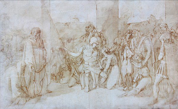 Attributed to Batolomeo Pinelli, drawing: Attributed to Bartolomeo Pinelli (Italian, 1781-1835), Untitled, ink and wash on paper, inscribed "Felice" lower right, sheet: 15.5"h x 25"w, overall (with frame): 25.75"h x 35"w