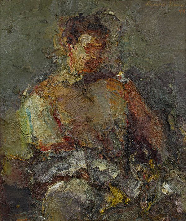 Dennis Hare, painting: Dennis Hare (American, b. 1946), "Portrait," 1993, oil on board, gallery label (Allan Stone Gallery, New York) affixed verso, board: 26"h x 23"w, overall (with frame): 28"h x 24.5"w