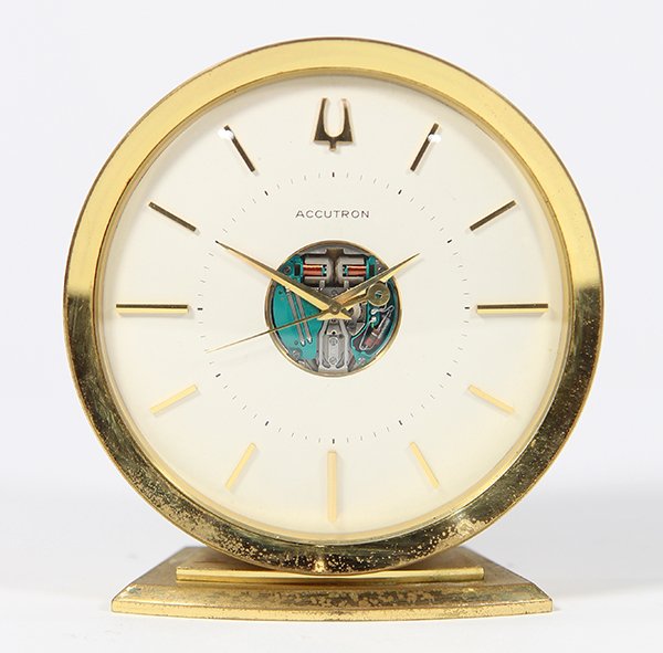 Bulova Accutron desk clock, having a circular brass