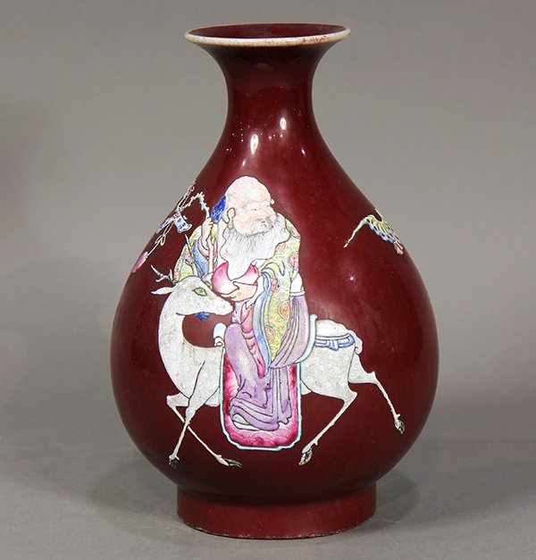 Chinese Ox Blood Glaze Vase with Shoulao (1 of 8)