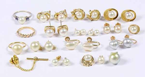 (Lot of 16) Diamond, cultured pearl and yellow gold (1 of 3)