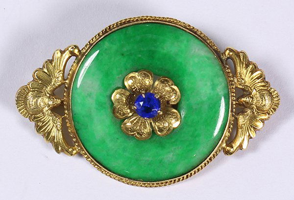 18k yellow gold, synthetic sapphire and jadeite brooch (1 of 2)