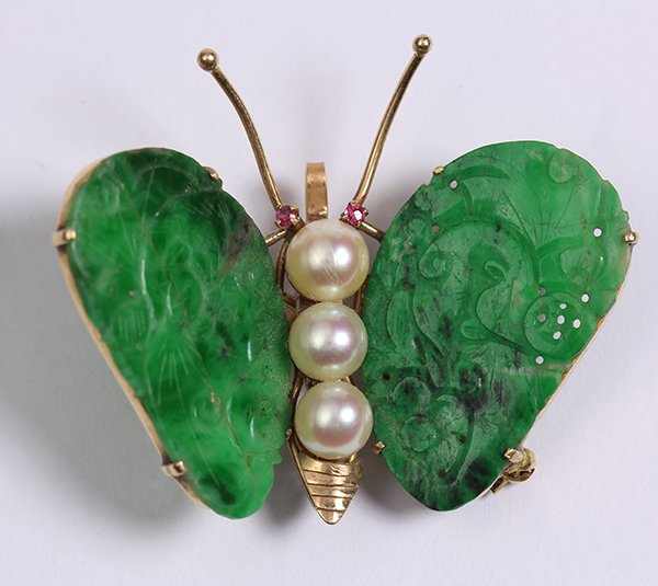 Jadeite, cultured pearl, ruby and 14k yellow gold (1 of 4)